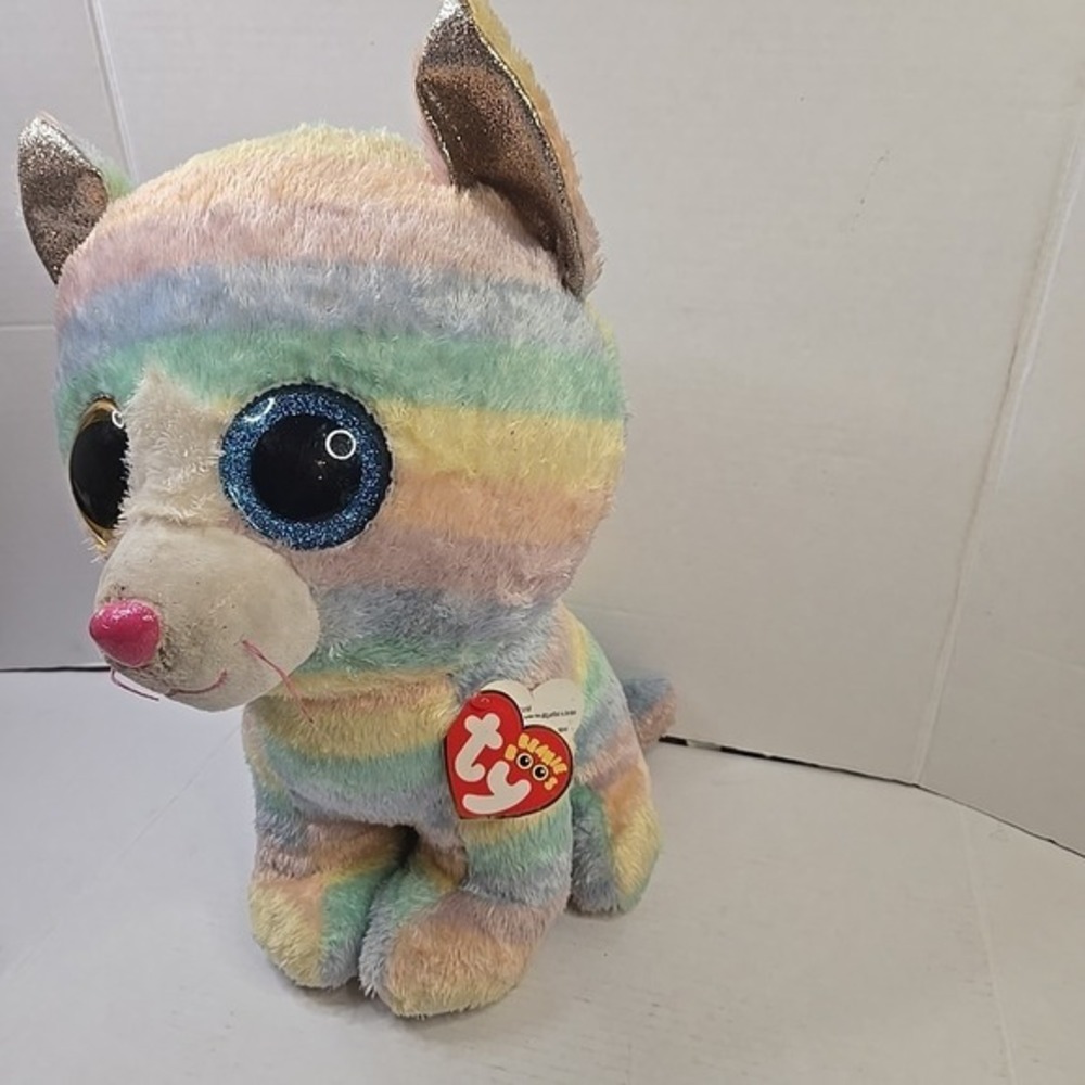 Ty Beanie Boos Heather Large Rainbow Cat Plush 17"2018 Blue Gold Glitter Eyes - Picture 3 of 16